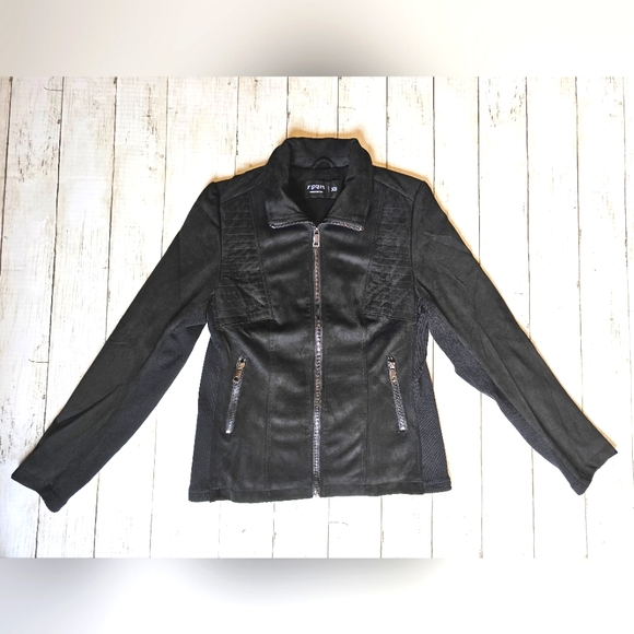 NEW SPYM Sleek Black Faux Suede Moto Stretchy Jacket Ribbed Sides & Sleeves - Picture 4 of 12
